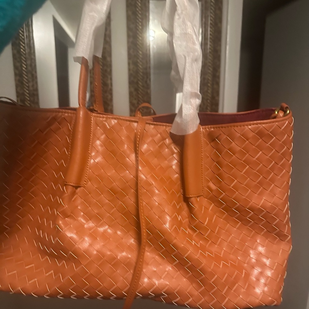 Orange Woven Leather Tote Bag. Inspired. BV not authentic